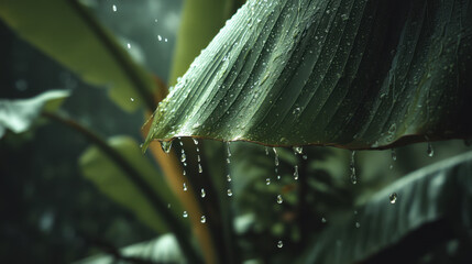 Green plantain leaves in the rain