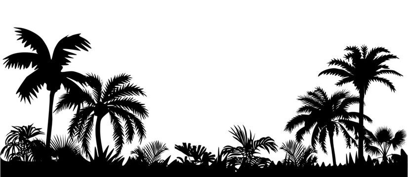 Palm tree black silhouettes seamless border. Monochrome hand drawn vector illustration isolated on transparent background