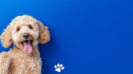 A fluffy bichon poodle dog smiles joyful happy with white paw prints on navy blue background with copy space. fun pet portrait decoration festival party playful cute poster