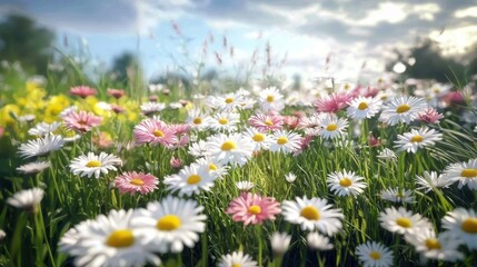 Fototapeta premium A side view of small daisies showcasing their assorted colors.