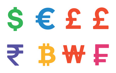 Obraz premium Currency exchange icons set – flat, financial and money symbols