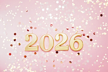 Holiday background Happy New Year 2026. Numbers of year 2026 made by gold candles on pink glitter background. celebrating New Year holiday, close-up. Space for text