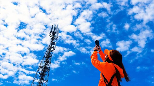 A person in bright orange clothing stands outdoors using a smartphone near a tall cell tower against a blue, cloud-filled sky.