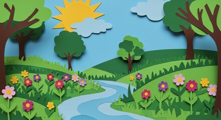 Obraz premium Paper cut landscape with trees and river
