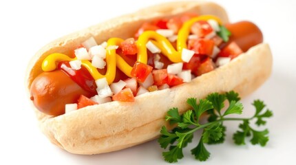A classic hot dog in a soft bun, topped with ketchup, mustard, diced tomatoes, and onions (1)