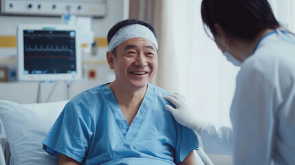 Obraz premium A smiling head injury patient in a hospital gown interacts with a caring physician, embodying recovery, trust and compassion in today's medical environment.