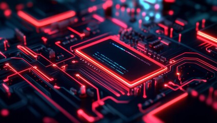 Close-up of glowing circuit board with central chip