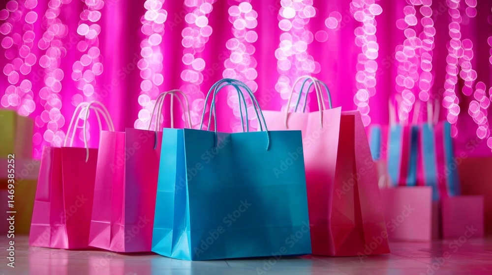 Poster an array of colorful paper bags creating a lively scene with a pink hue.