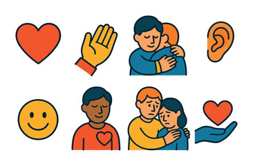 Fototapeta premium Symbols of empathy and compassion in simple illustrated styles