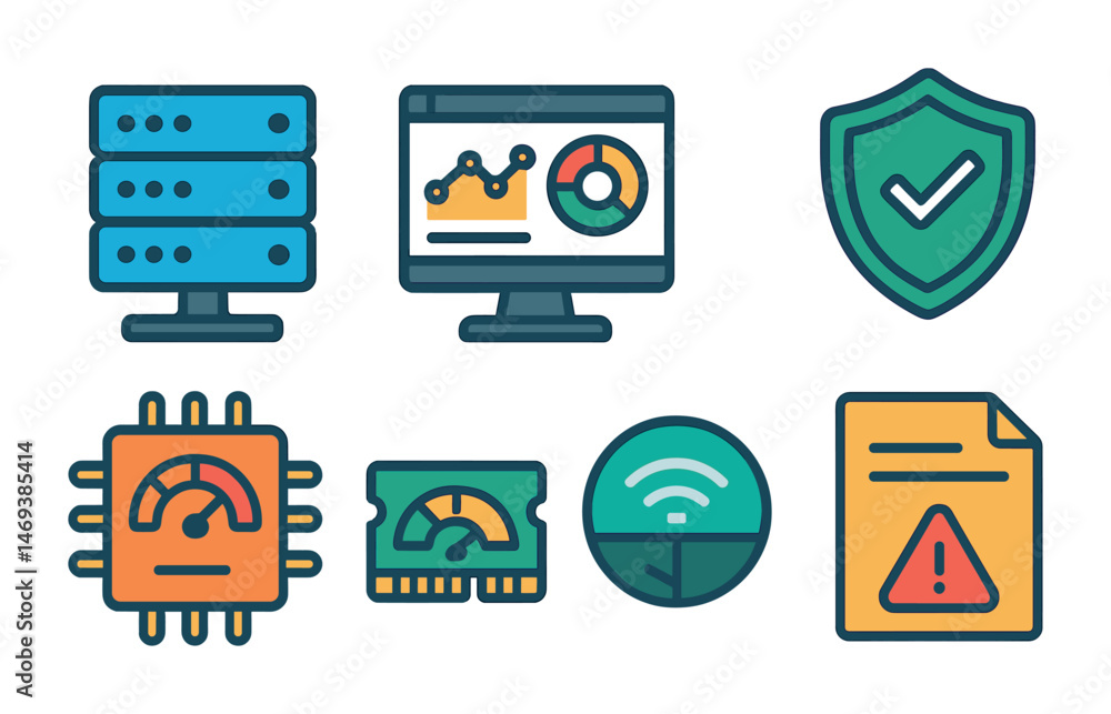 Poster technology and data outline icons set – linear, tech, network security symbols
