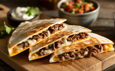 Stacked Beef Quesadillas With Melted Cheese Accompanied By Sour Cream And Salsa On Wooden Cutting Board Presented With Warm Lighting