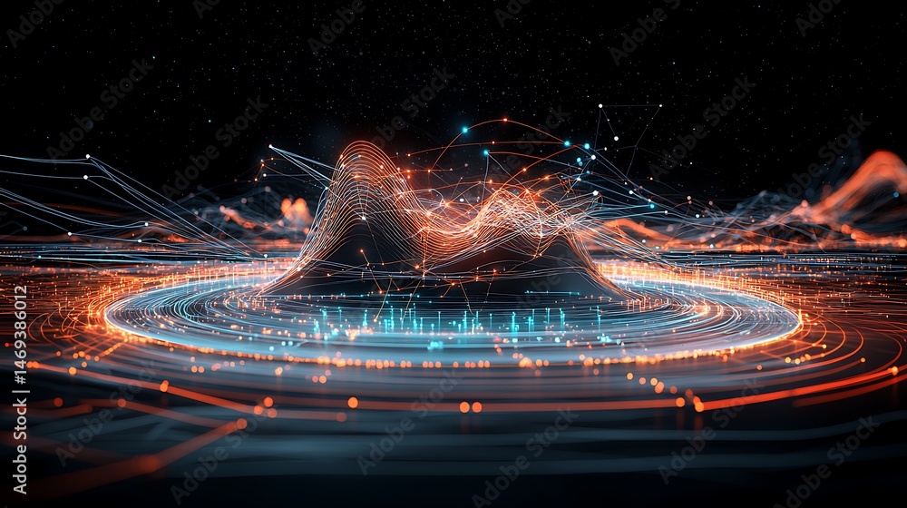 Poster abstract data visualization, swirling patterns, interconnected data points, futuristic landscape