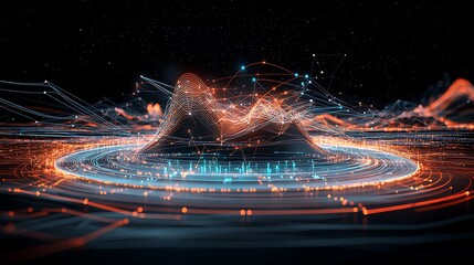 Abstract data visualization, swirling patterns, interconnected data points, futuristic landscape