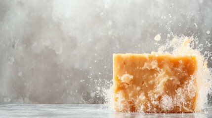 A dynamic image shows a block of soap splashing water, creating an exciting visual effect that highlights cleanliness and the refreshing essence of soap in everyday life.