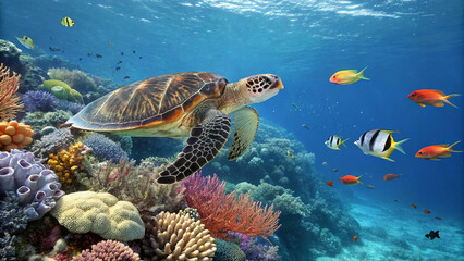 sea turtle coral reef tropical fish underwater