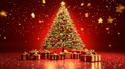 Vibrant red background enhances holiday spirit.