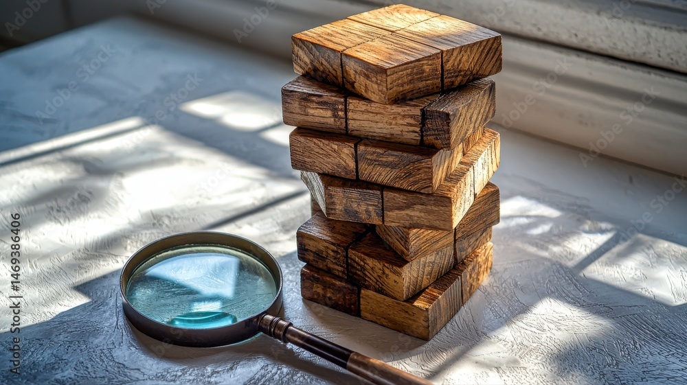 Poster analyzing business strategy and complexity: magnifying glass and stacked wooden blocks business idea