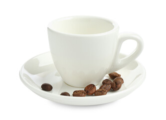 Ceramic cup with roasted coffee beans isolated on white