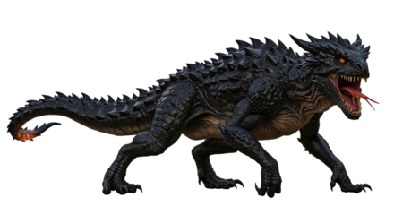 Schwarzer Drache mit Schuppenpanzer in Angriffsstellung isoliert auf weißem Hintergrund