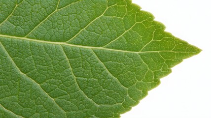 Fototapeta premium Detailed Macro Shot of a Fresh Green Leaf Against White Backdrop Showcasing Veins Texture and Vibrant Color in Natural Light