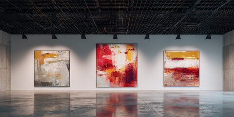 Modern art gallery interior showcasing three abstract paintings with red, yellow, and grey hues on a white wall, concrete floor, and black grid ceiling, representing contemporary art and design