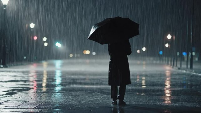 Silhouette with umbrella on rainy night city street with reflections and glowing lights