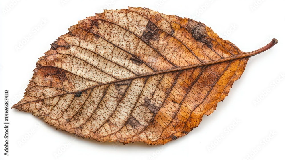Poster detailed macro shot of single withered leaf in autumn colors displaying intricate textures and patte