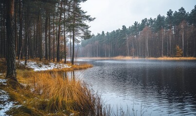 Misty forest lake scene