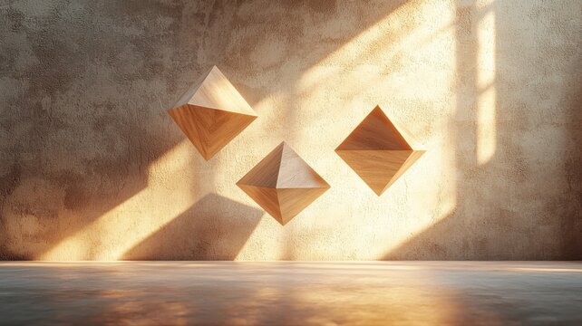 Floating Wooden Geometric Shapes in Sunlit Minimalist Room wooden floating room geometric shapes tea