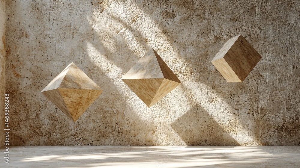 Poster floating abstract geometric forms in sunlit room floating geometric shapes octahedron cube sunlight