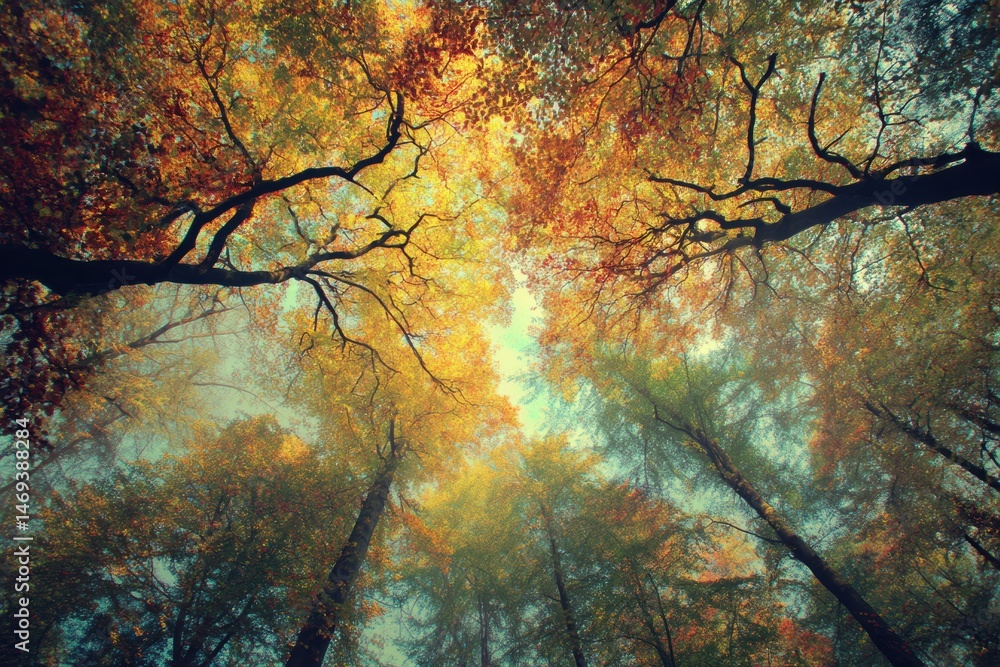 Poster forest canopy showcasing warm autumn hues with light filtering through branches on a tranquil day ge