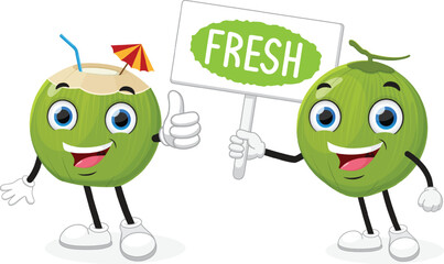 Cute green coconut fruit cartoon mascot character