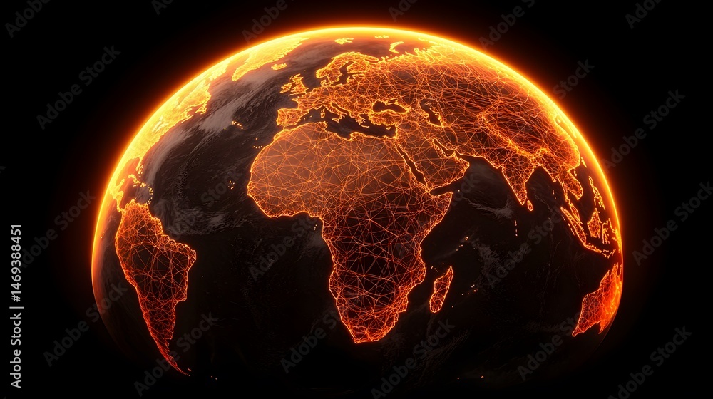 Aufkleber the image shows a fiery orange globe with glowing lines representing connections across the continen