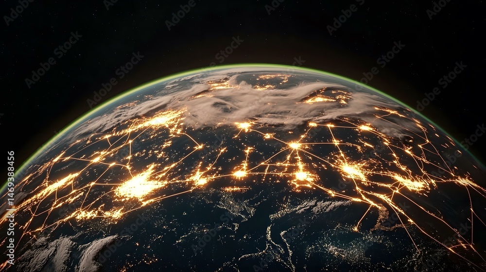 Poster the image shows a nighttime view of earth from space, highlighting city lights and interconnected li