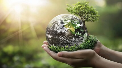 Emphasizing the connection between humanity and nature through images of hands, trees, and the globe.