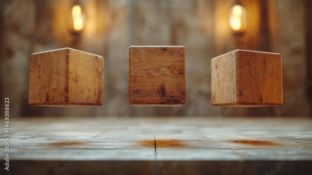 Poster three floating wooden cubes abstract concept floating abstract concept wooden cubes hovering timber