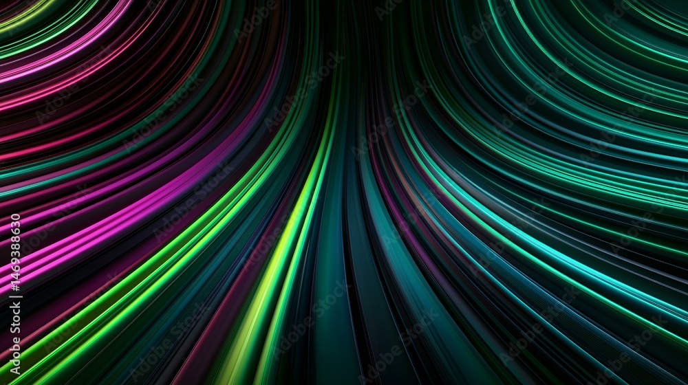 Poster the image contains an abstract design of numerous curved lines in shades of green, purple, and teal,
