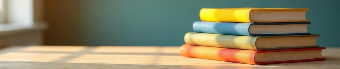 Several colorful books piled on a bright wooden surface, colorful, background, textbooks