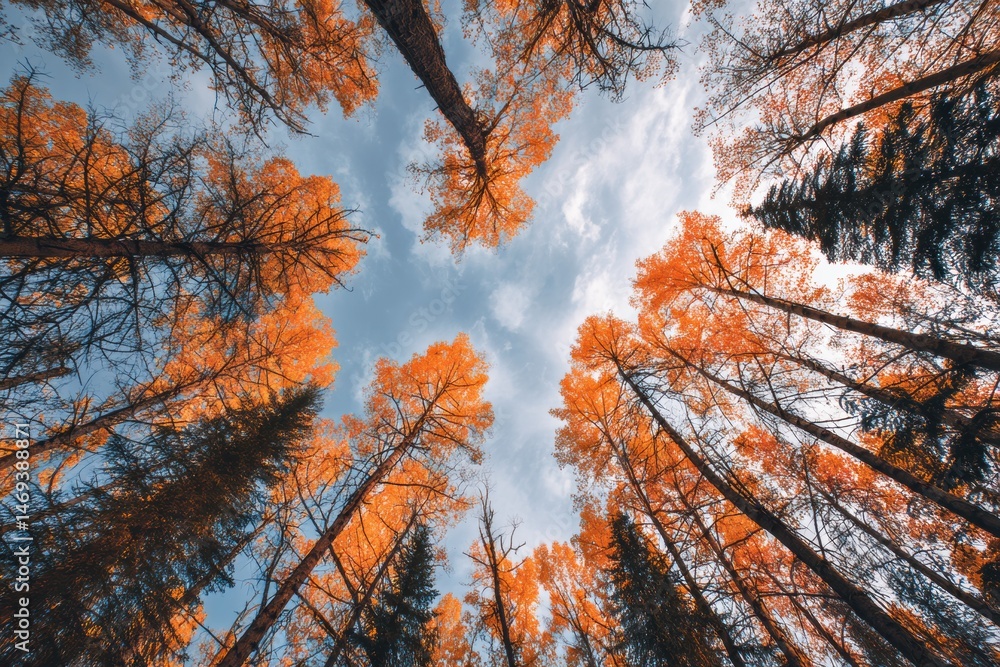 Poster clouds hover above vibrant orange treetops in a tranquil forest during autumn generative ai