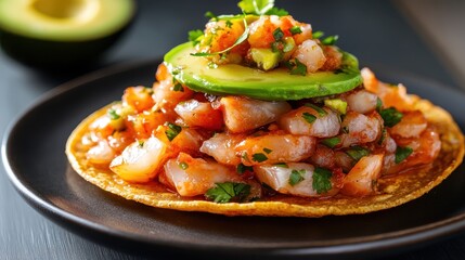 A vibrant serving of fresh ceviche displayed on a crispy corn tortilla, garnished with avocado slices and herbs, inviting you to enjoy this refreshing seafood dish.