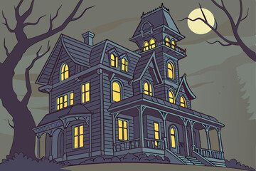7 Dark blue Victorian haunted house, intricate wooden details, glowing yellow windows, spooky atmosphere, moonlit night, Gothic architecture, towering turret, wraparound porch, detailed 3D render, sha