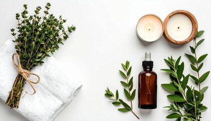Creating a relaxing atmosphere with natural herbs and essential oils home spa setting lifestyle photography minimalist environment top-down view