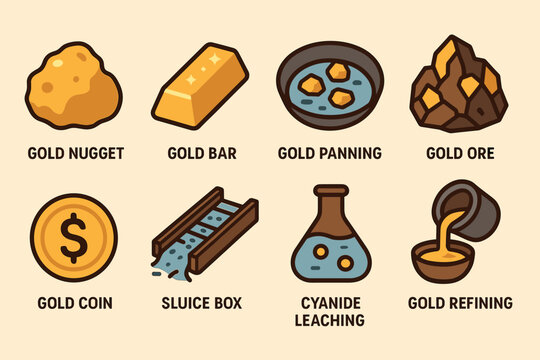 Gold mining flat icons set – silhouette, solid, extraction and refining symbols