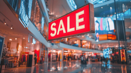 Bright red SALE sign hanging in a modern shopping mall, drawing attention to seasonal discounts and promotions during a busy retail event or marketing campaign.