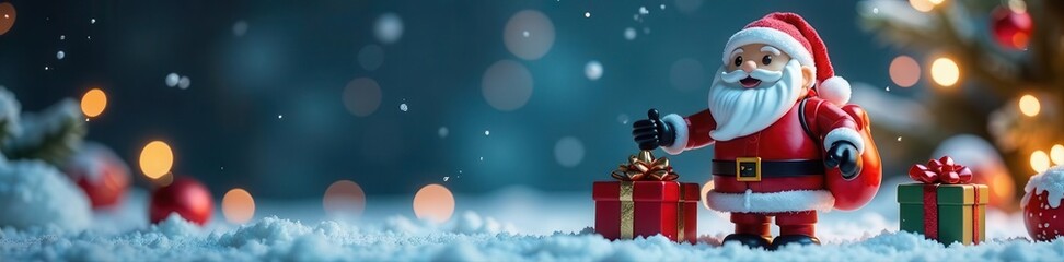 Robotic toy Santa with presents on vibrant background Xmas greeting , copy space, futuristic, winter