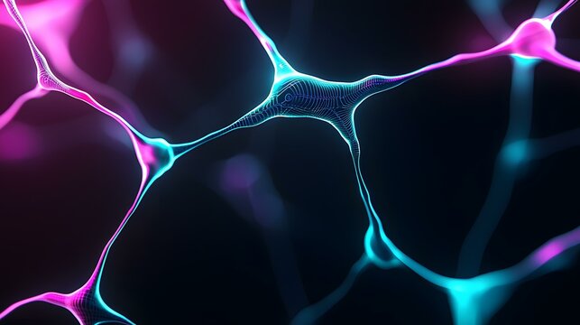 The image contains a stylized rendering of interconnected neurons, glowing with vibrant pink and teal light against a dark background.