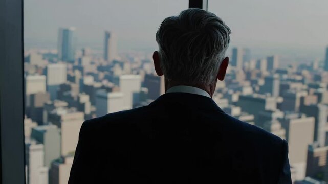 Business leader contemplating cityscape from highrise window at sunrise