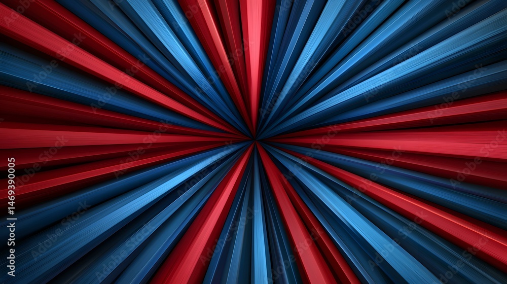 Poster the image contains an abstract design of alternating red and blue stripes radiating outward from a c