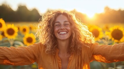 A joyful woman with curly hair spreads her arms wide in a sunflower field during golden hour, embodying happiness and connection to nature in a vibrant, sunny backdrop.