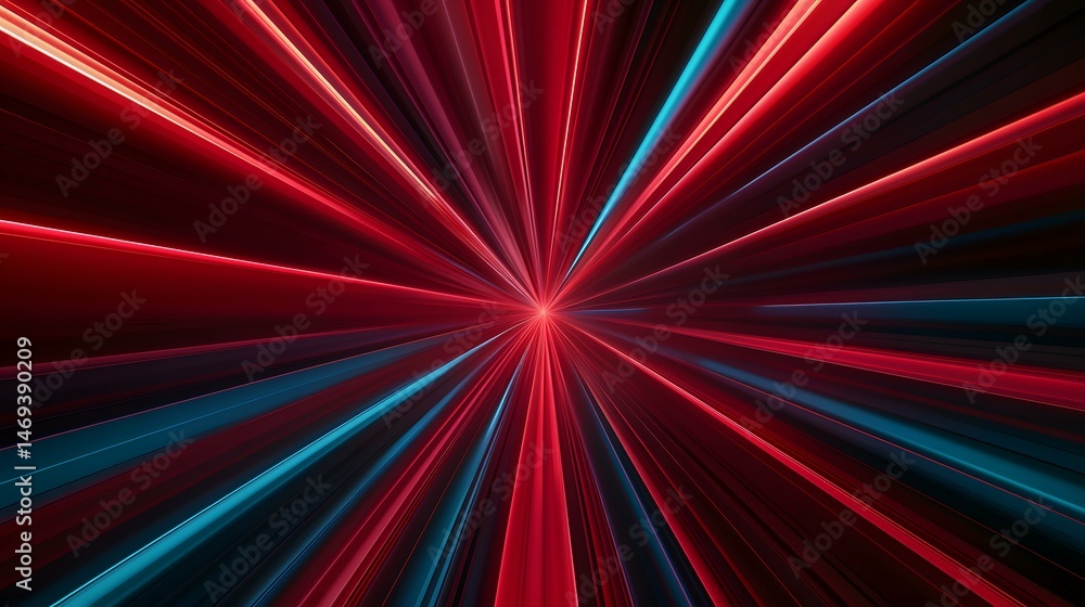 Poster the image contains an abstract design of radiating lines in shades of red and teal, converging at a 